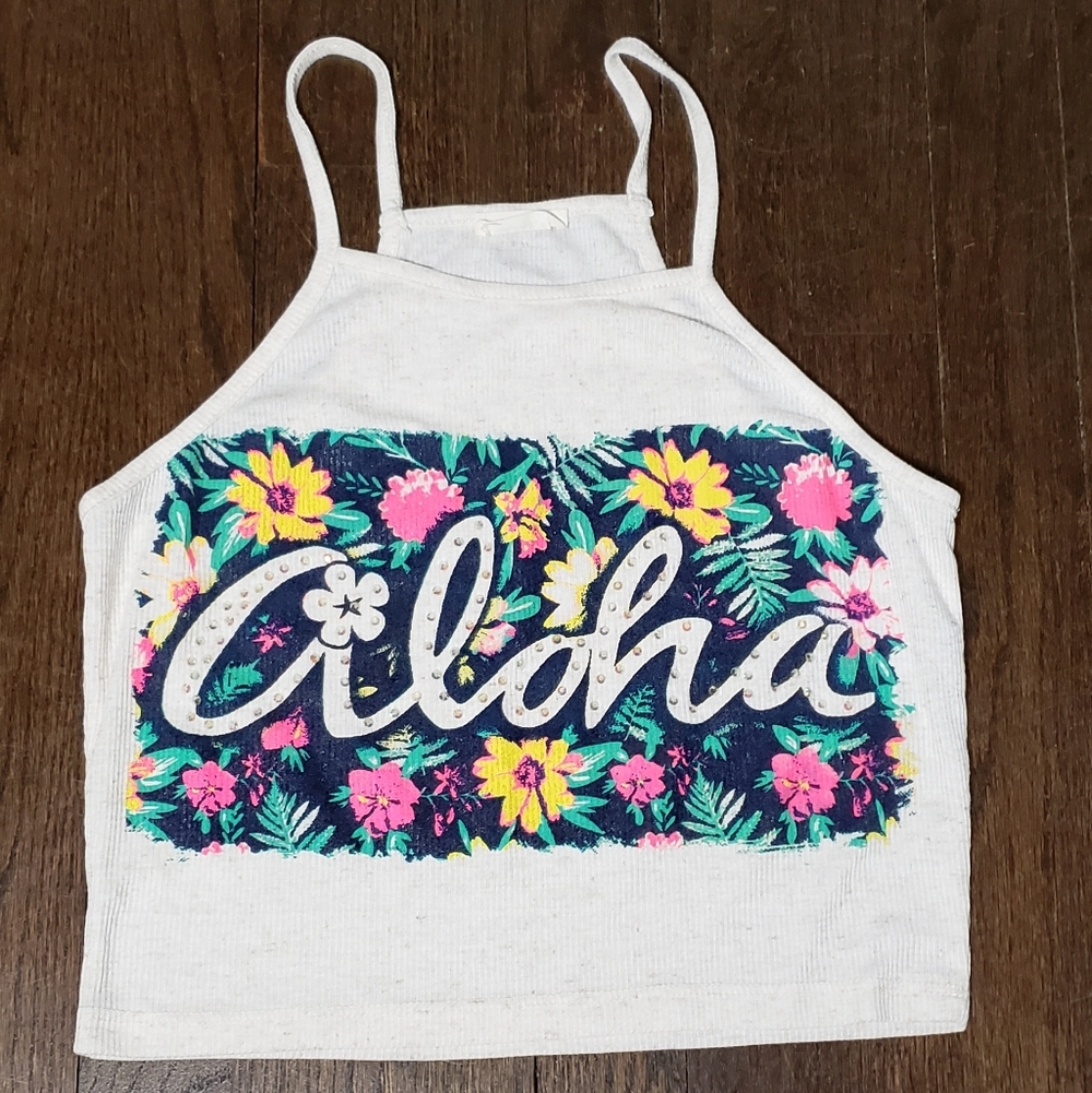 Aloha Floral Crop Tank Top - Cream and Multicolor Medium